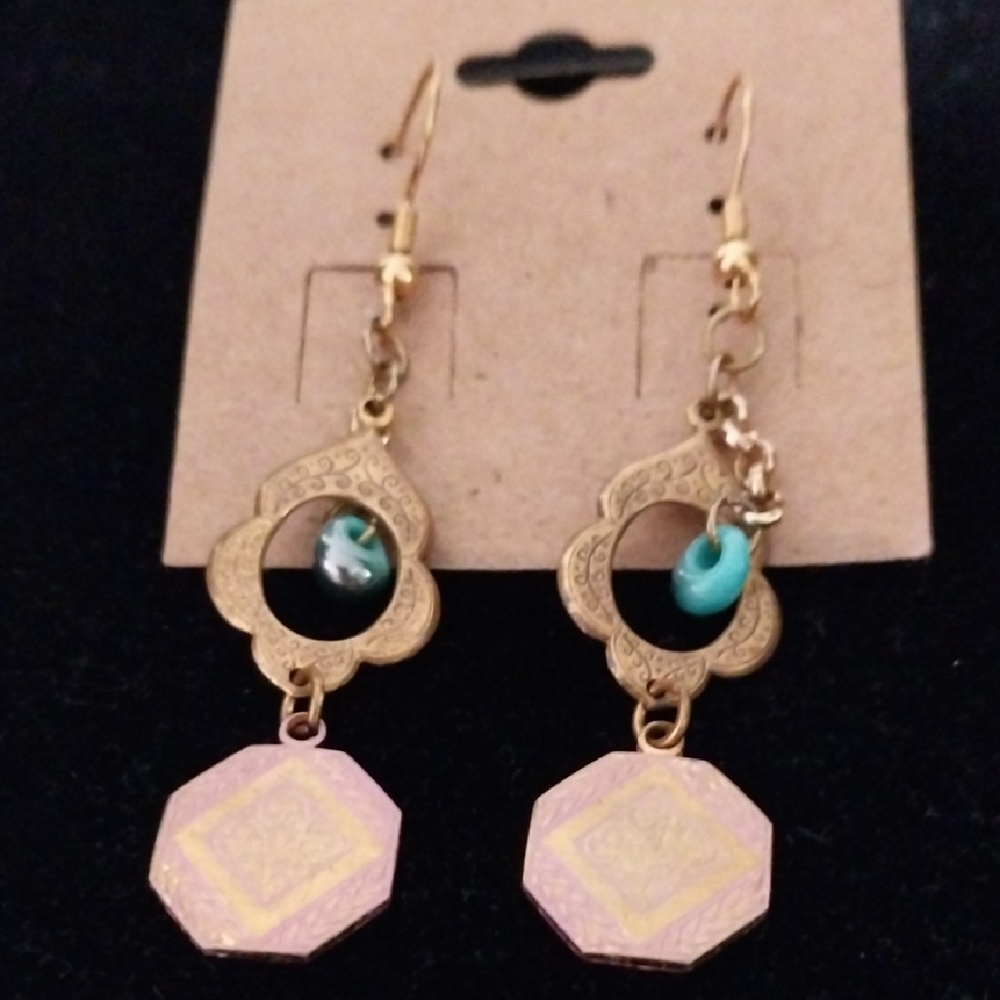 Gold and Blue Dangle Earrings with Geometric Design